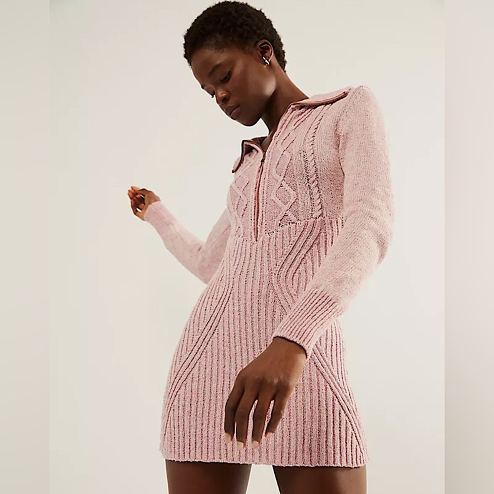 Free People Mont Blanc Pink Knit Sweater Dress Size Large Zip Up - Picture 1 of 8